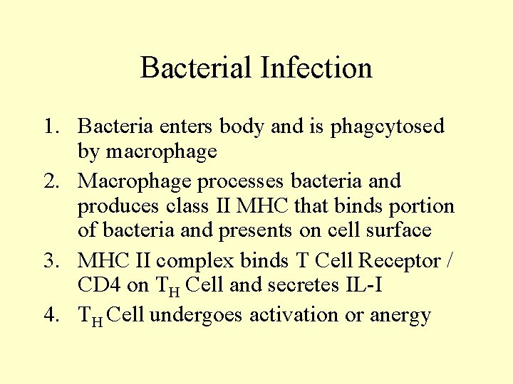 Bacterial Infection 1. Bacteria enters body and is phagcytosed by macrophage 2. Macrophage processes