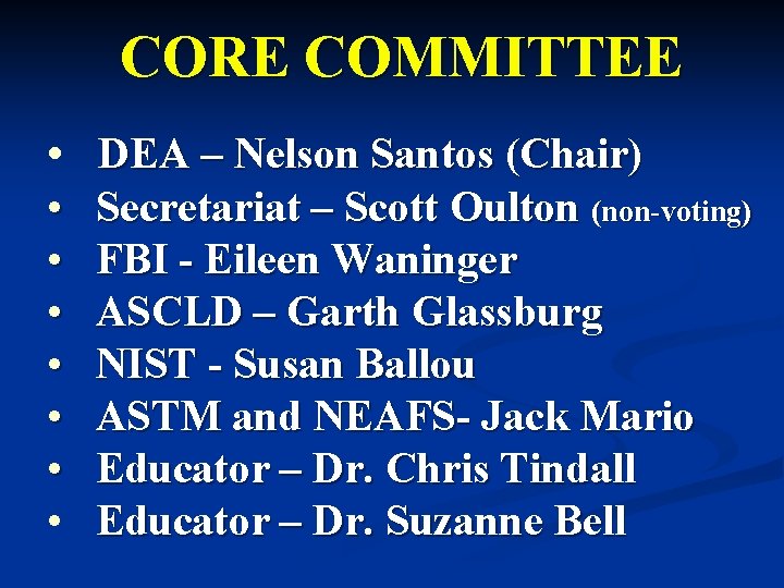 CORE COMMITTEE • DEA – Nelson Santos (Chair) • • Secretariat – Scott Oulton