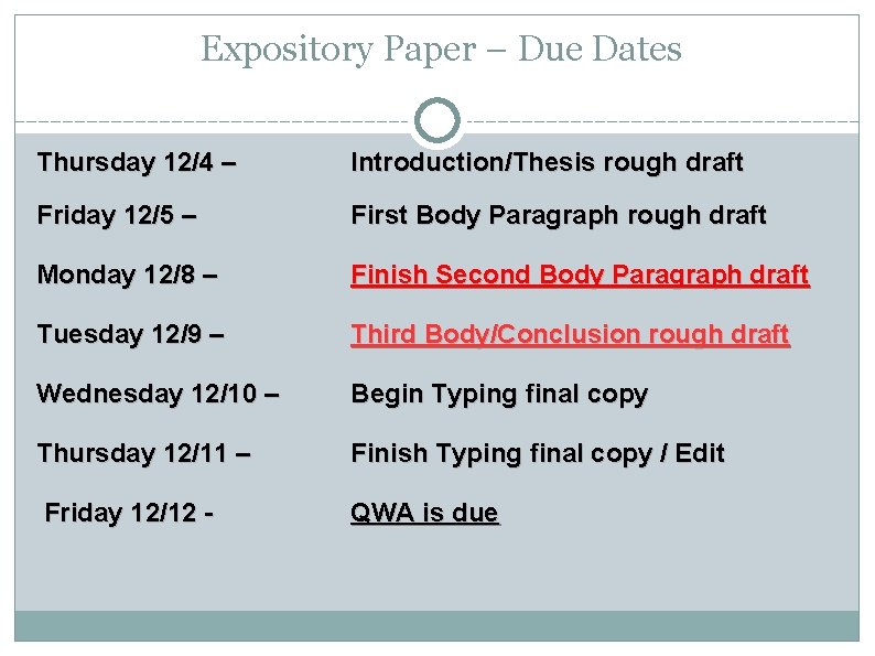 Expository Paper – Due Dates Thursday 12/4 – Introduction/Thesis rough draft Friday 12/5 –