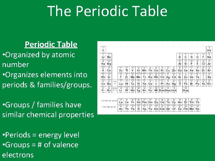 The Periodic Table • Organized by atomic number • Organizes elements into periods &
