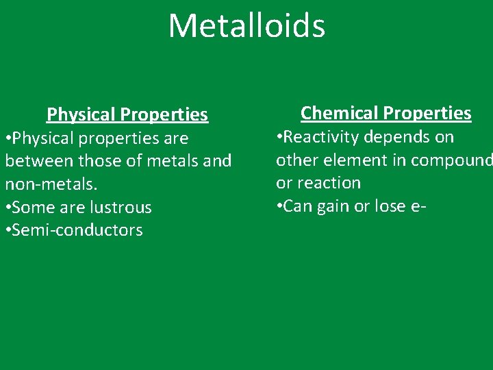 Metalloids Physical Properties • Physical properties are between those of metals and non-metals. •