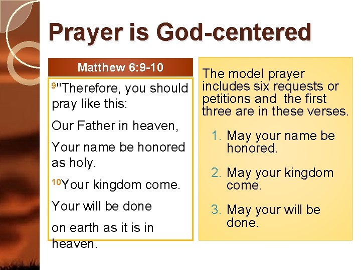 Prayer is God-centered Matthew 6: 9 -10 9"Therefore, you should pray like this: Our
