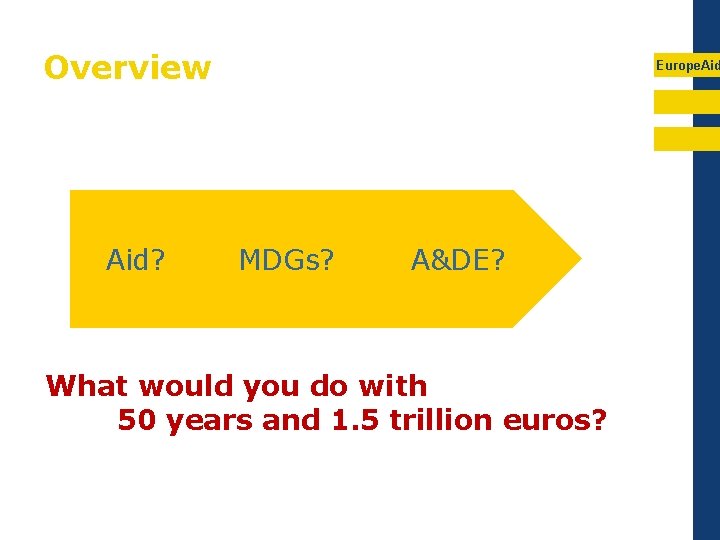 Overview Aid? Europe. Aid MDGs? A&DE? What would you do with 50 years and