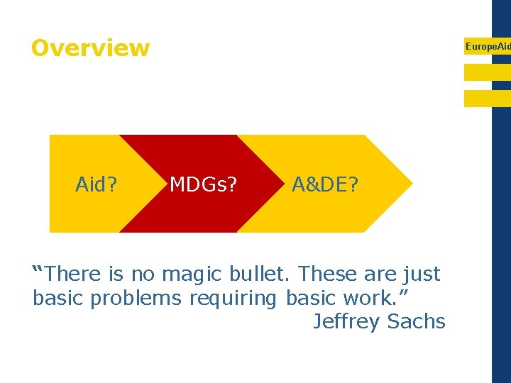 Overview Aid? Europe. Aid MDGs? A&DE? “There is no magic bullet. These are just