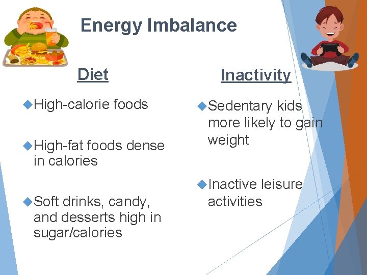Energy Imbalance Diet High-calorie Inactivity foods High-fat foods dense in calories Sedentary kids more