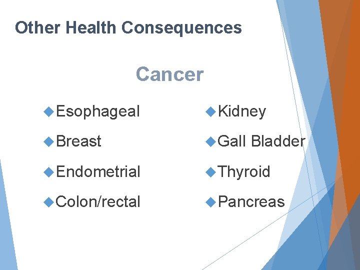 Other Health Consequences Cancer Esophageal Kidney Breast Gall Endometrial Thyroid Colon/rectal Pancreas Bladder 