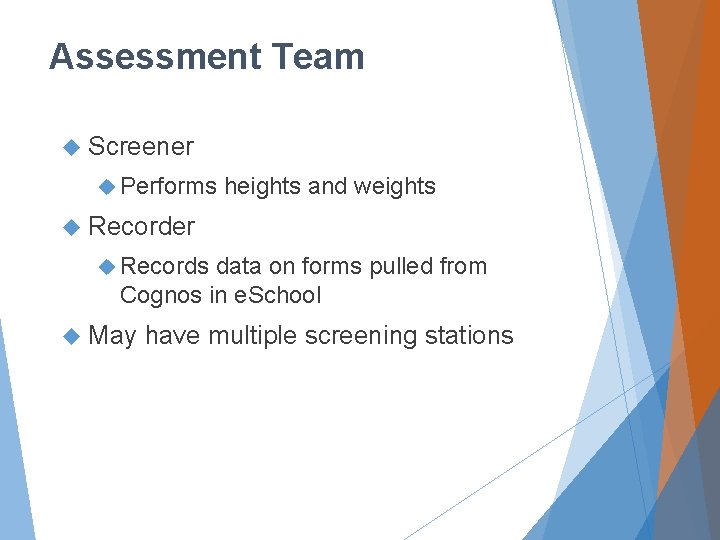 Assessment Team Screener Performs heights and weights Recorder Records data on forms pulled from