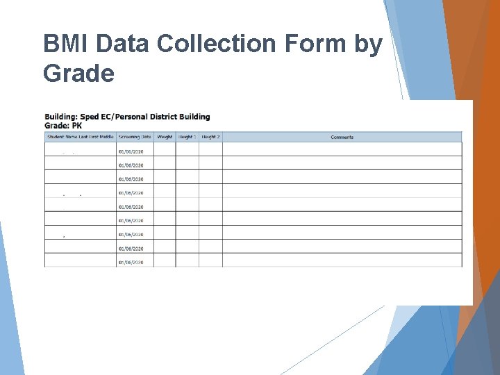 BMI Data Collection Form by Grade 