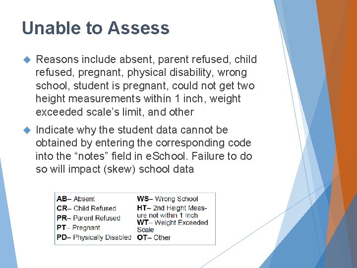Unable to Assess Reasons include absent, parent refused, child refused, pregnant, physical disability, wrong