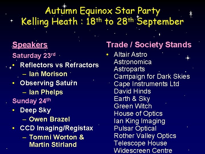 Autumn Equinox Star Party Kelling Heath : 18 th to 28 th September Speakers