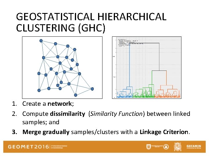GEOSTATISTICAL HIERARCHICAL CLUSTERING (GHC) 1. Create a network; 2. Compute dissimilarity (Similarity Function) between
