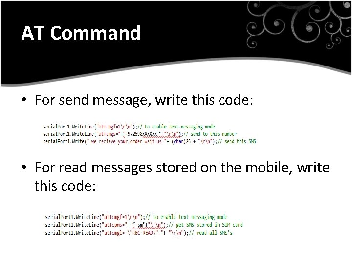 AT Command • For send message, write this code: • For read messages stored