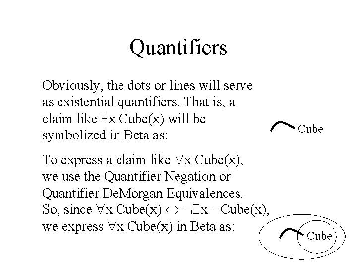 Quantifiers Obviously, the dots or lines will serve as existential quantifiers. That is, a