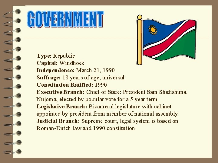Type: Republic Capital: Windhoek Independence: March 21, 1990 Suffrage: 18 years of age, universal