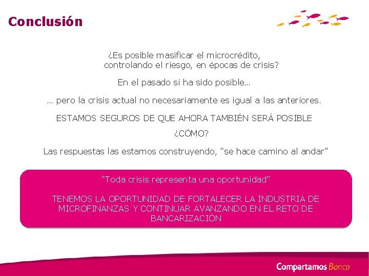 Conclusión ¿Es posible masificar el microcrédito, controlando el riesgo, en épocas de crisis? En