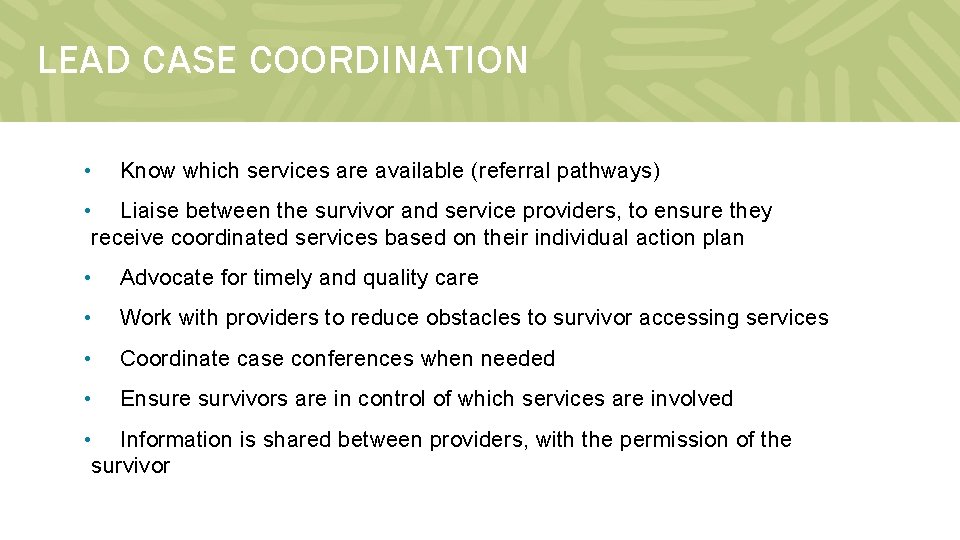 LEAD CASE COORDINATION • Know which services are available (referral pathways) • Liaise between