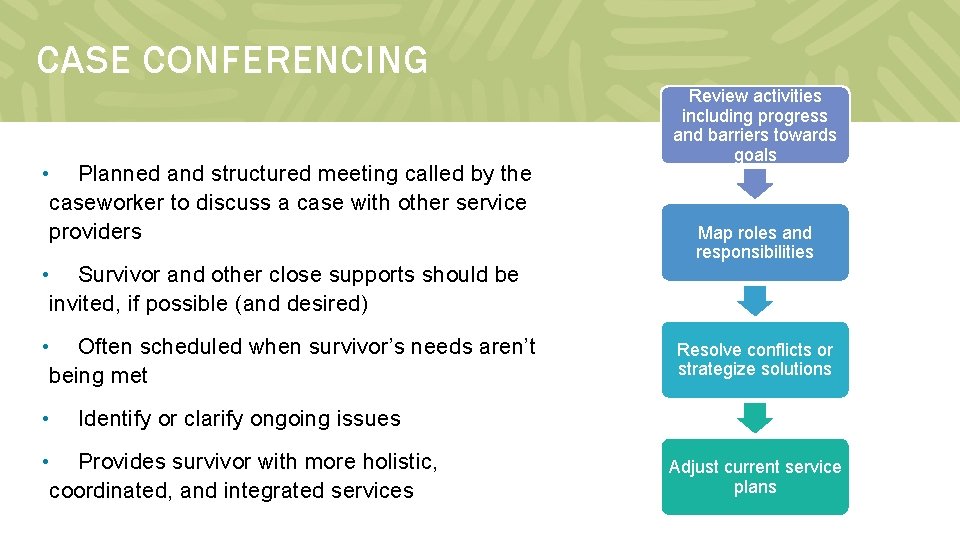 CASE CONFERENCING • Planned and structured meeting called by the caseworker to discuss a