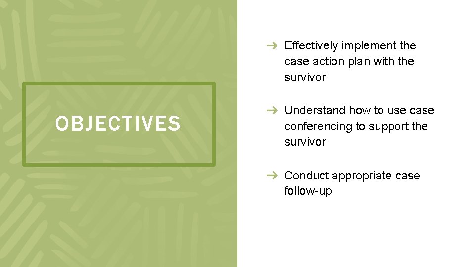 Effectively implement the case action plan with the survivor OBJECTIVES Understand how to use