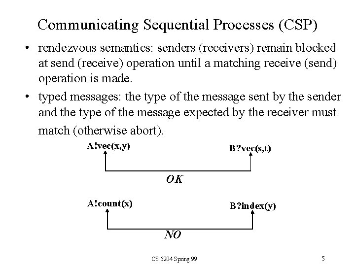 Communicating Sequential Processes (CSP) • rendezvous semantics: senders (receivers) remain blocked at send (receive)