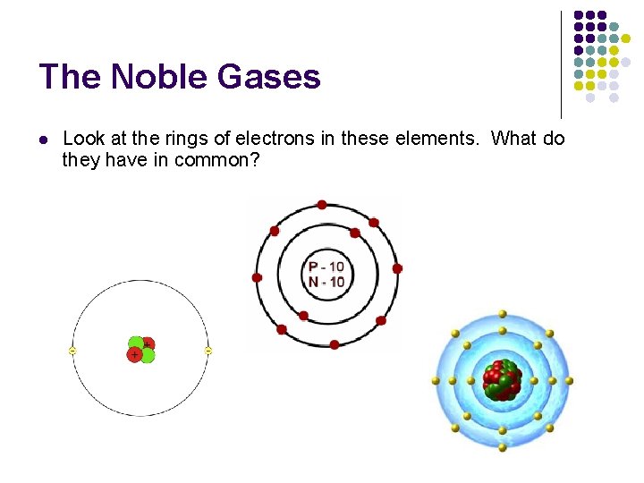 The Noble Gases l Look at the rings of electrons in these elements. What