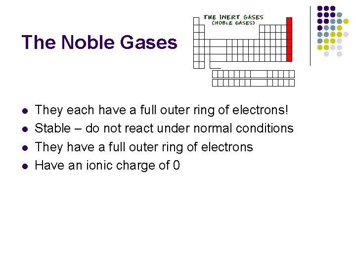 The Noble Gases l l They each have a full outer ring of electrons!