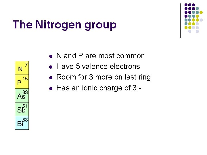 The Nitrogen group l l N and P are most common Have 5 valence