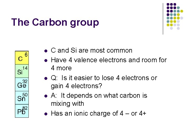 The Carbon group l l l C and Si are most common Have 4
