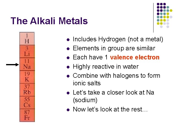 The Alkali Metals l l l l Includes Hydrogen (not a metal) Elements in