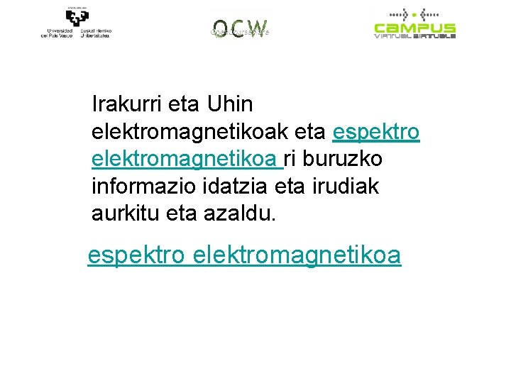 Irakurri eta Uhin elektromagnetikoak eta espektro elektromagnetikoa ri buruzko informazio idatzia eta irudiak aurkitu