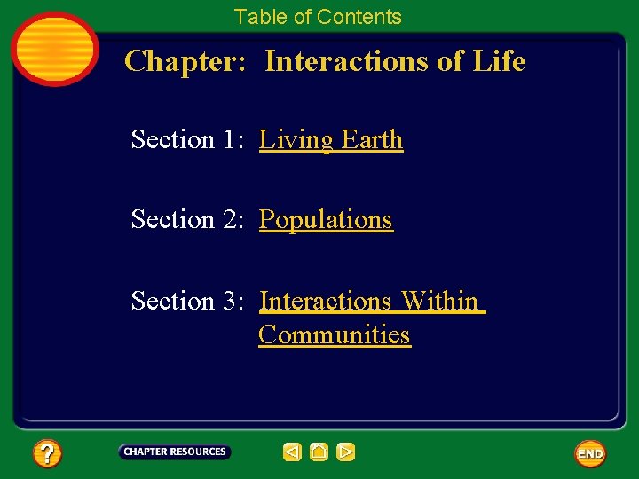 Table of Contents Chapter: Interactions of Life Section 1: Living Earth Section 2: Populations