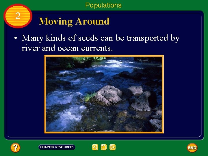 Populations 2 Moving Around • Many kinds of seeds can be transported by river