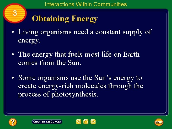 Interactions Within Communities 3 Obtaining Energy • Living organisms need a constant supply of