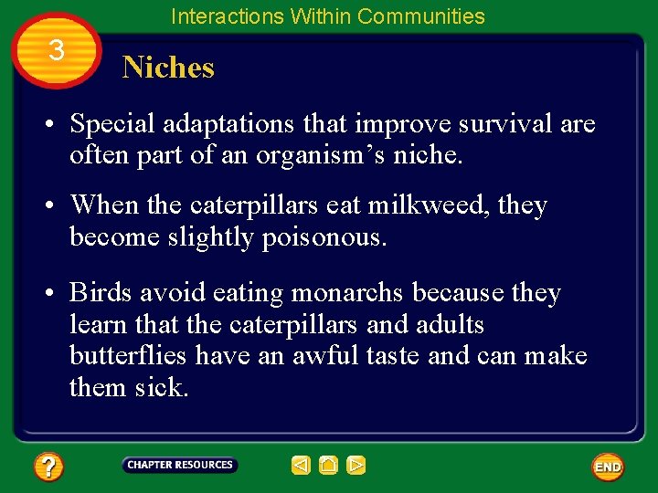 Interactions Within Communities 3 Niches • Special adaptations that improve survival are often part