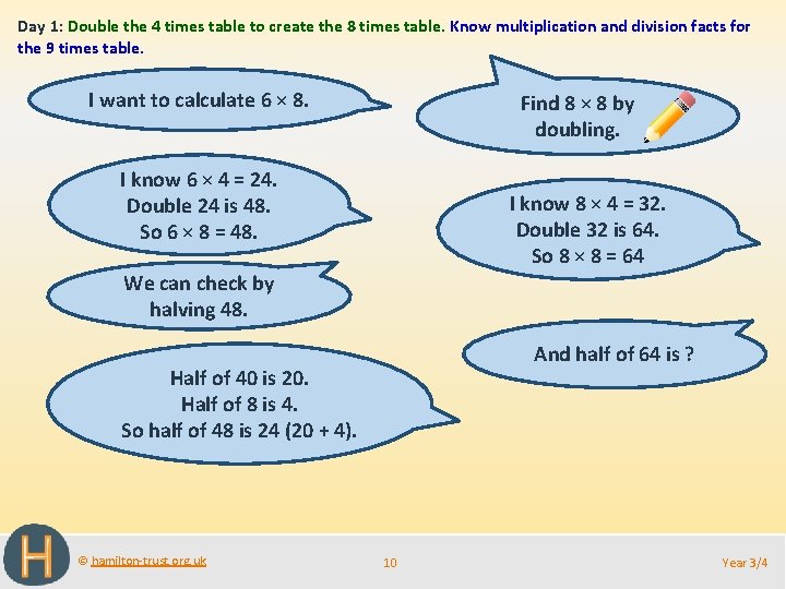 Day 1: Double the 4 times table to create the 8 times table. Know