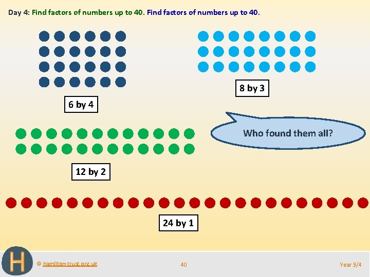 Day 4: Find factors of numbers up to 40. 8 by 3 6 by