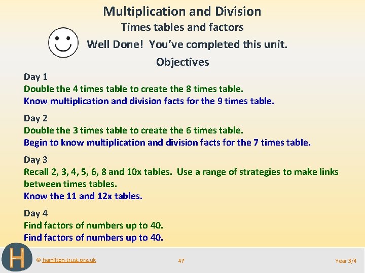 Multiplication and Division Times tables and factors Well Done! You’ve completed this unit. Objectives