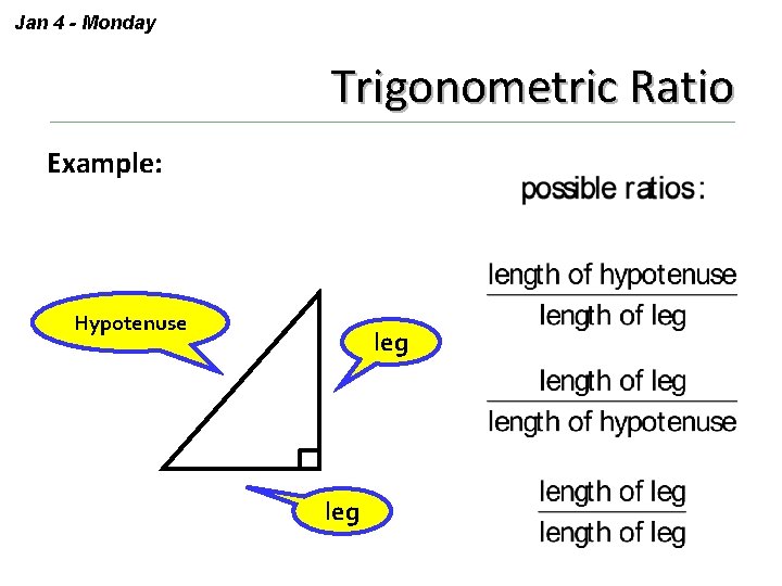 Jan 4 - Monday Trigonometric Ratio Example: Hypotenuse leg 