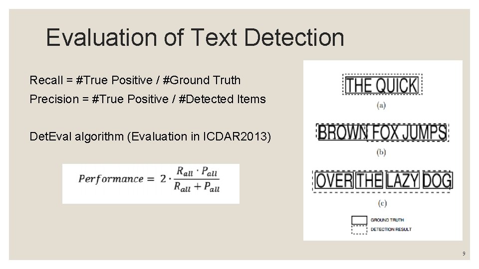 Evaluation of Text Detection Recall = #True Positive / #Ground Truth Precision = #True Evaluation of Text Detection Recall = #True Positive / #Ground Truth Precision = #True