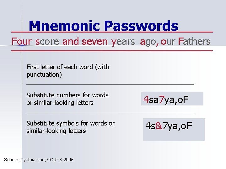 Mnemonic Passwords Four score F and a s seven yyears ago a , our