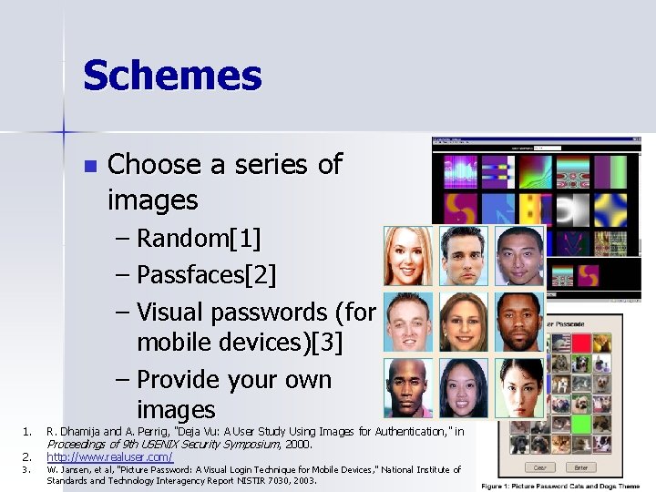 Schemes n 1. 2. 3. Choose a series of images – Random[1] – Passfaces[2]