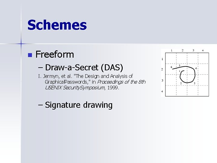 Schemes n Freeform – Draw-a-Secret (DAS) I. Jermyn, et al. "The Design and Analysis