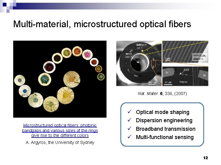 Multi-material, microstructured optical fibers Nat. Mater. 6, 336, (2007) Microstructured optical fibers: photonic bandgaps