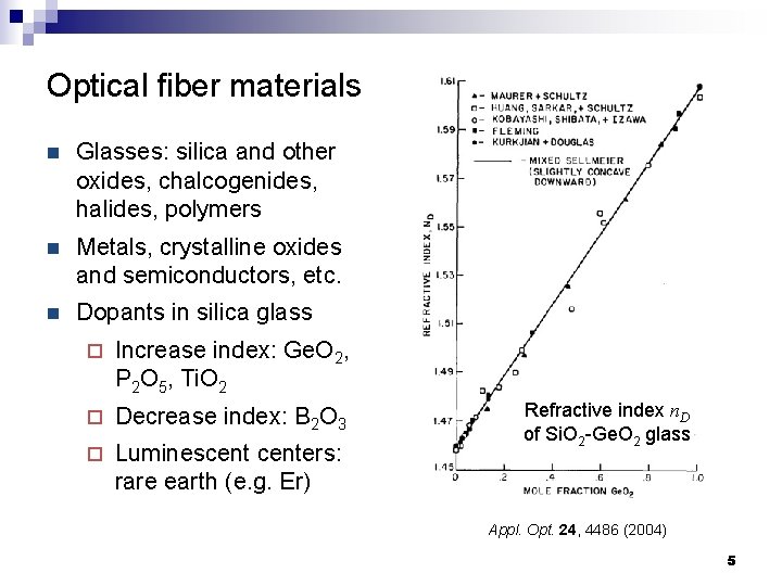 Optical fiber materials n Glasses: silica and other oxides, chalcogenides, halides, polymers n Metals,