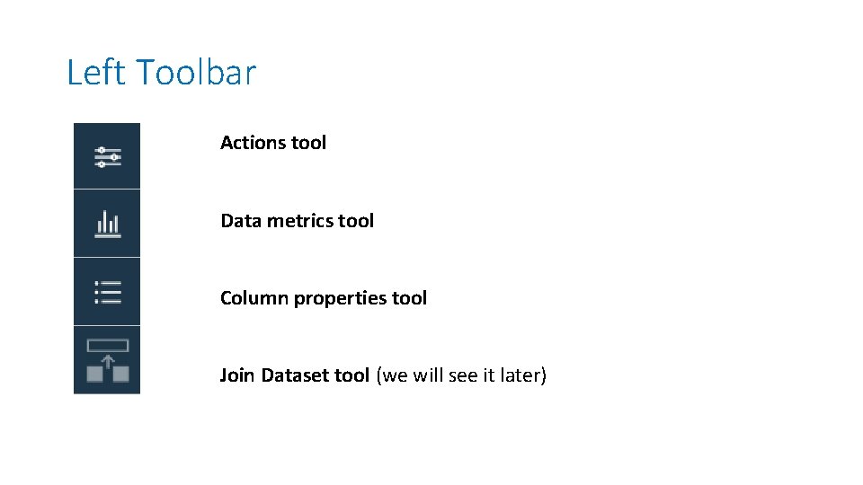 Left Toolbar Actions tool Data metrics tool Column properties tool Join Dataset tool (we
