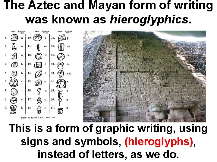 The Aztec and Mayan form of writing was known as hieroglyphics. This is a