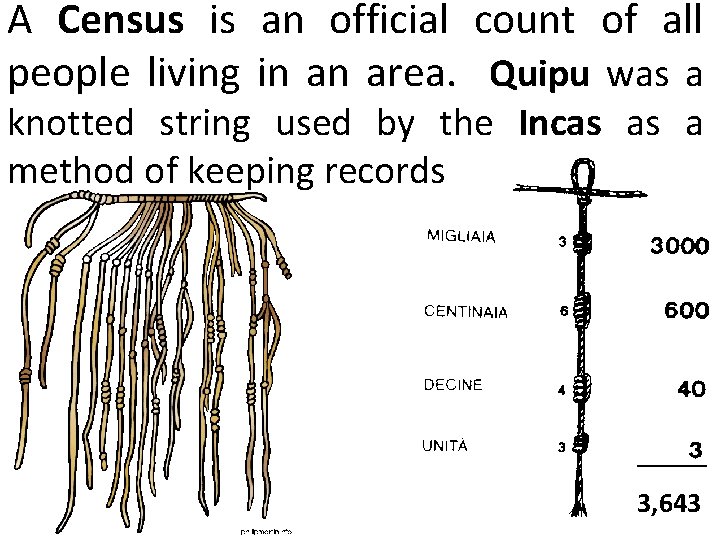 A Census is an official count of all people living in an area. Quipu