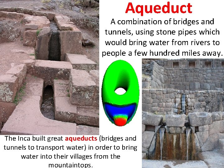 Aqueduct A combination of bridges and tunnels, using stone pipes which would bring water