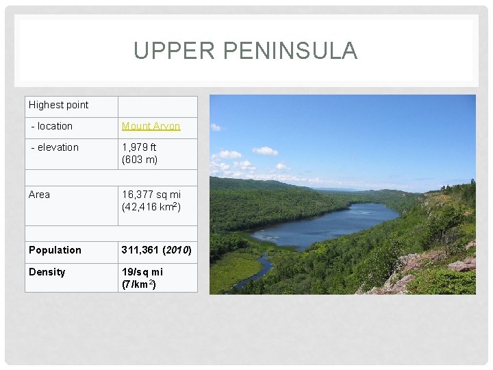 UPPER PENINSULA Highest point - location Mount Arvon - elevation 1, 979 ft (603