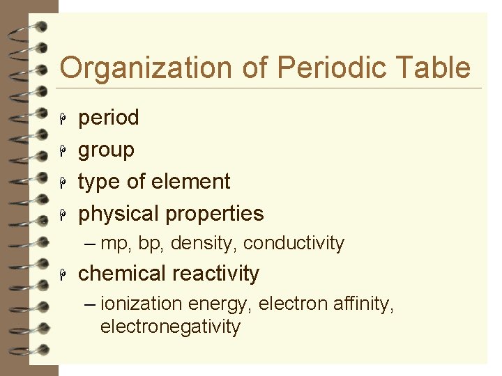 Organization of Periodic Table H H period group type of element physical properties –