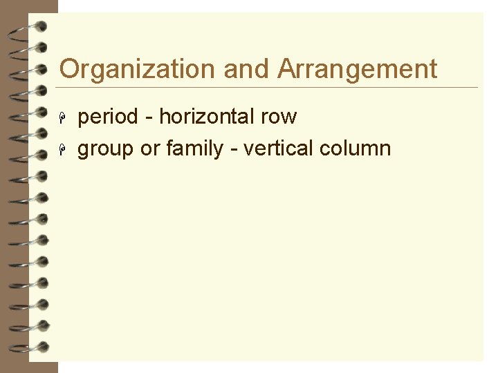 Organization and Arrangement H H period - horizontal row group or family - vertical